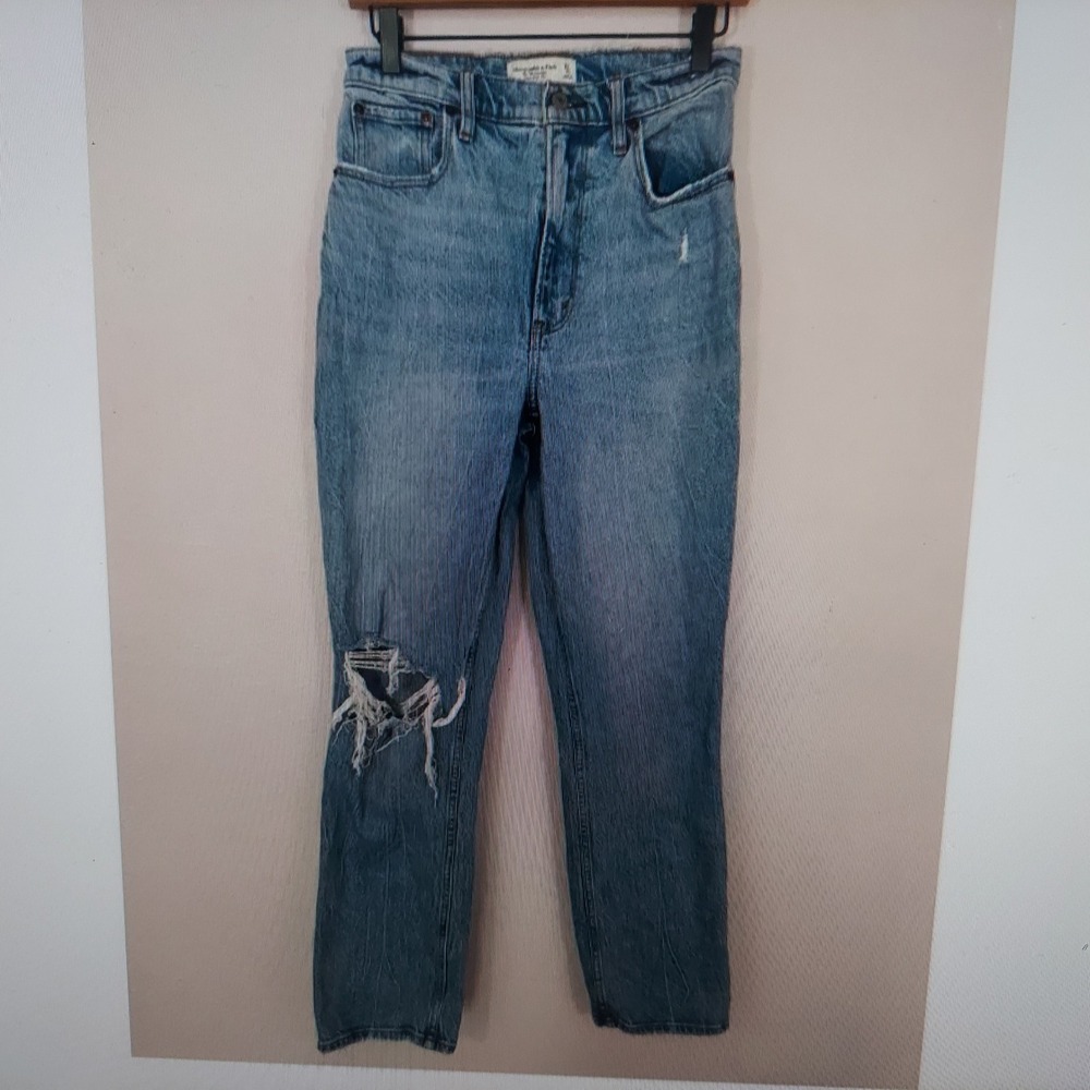 Abercrombie Women Cotton 90s Straight Jeans 27/4R Blue Grunge Distressed Knee